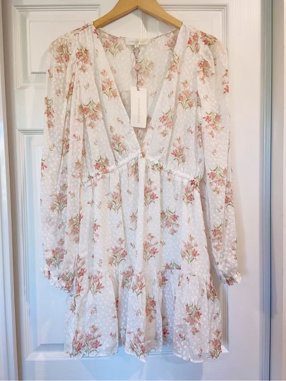 NWT $445 LoveShackFancy Siriana Floral Silk-Blend Blouson-Sleeve Mini Dress